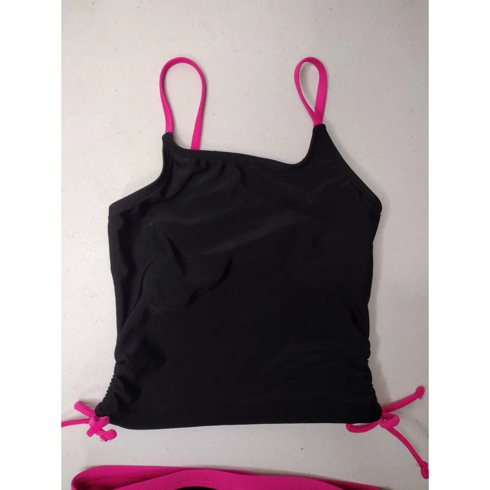 Wonder Nation Girls Black Hot Pink Cinch Side Tankini Swimsuit Set Size S 6-6X